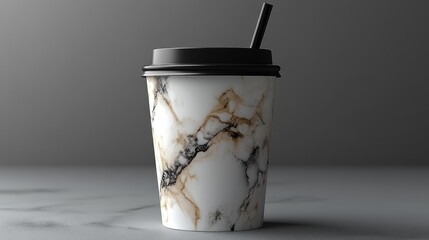 Aufkleber - A stylish coffee cup designed with a marble pattern sits on a smooth, neutral surface. It features a black lid with a straw and showcases a modern aesthetic, perfect for contemporary settings.
