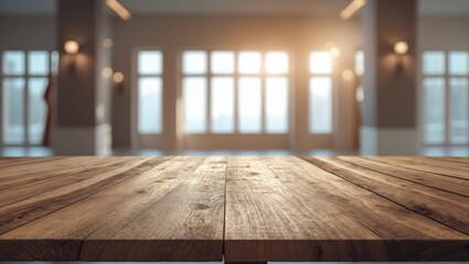 Poster - Empty wooden table set against a backdrop of an abstract blurred interior, montage, product display, indoors and window.