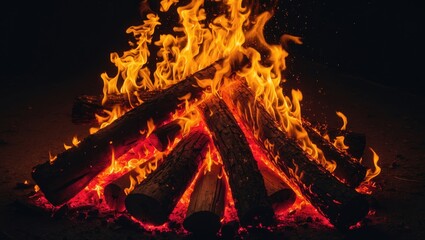 Poster - A lively campfire bursts with bright flames, lighting up the dark night. Warmth and illumination emanate from the burning logs, fostering a cozy ambiance.