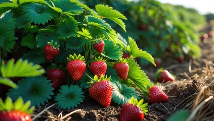 Poster - bush of fresh red strawberries