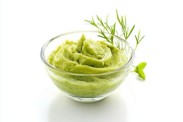 Poster - Creamy avocado puree in a glass bowl with fresh herbs and on a pristine white backdrop food photography