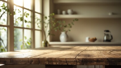 Poster - Empty wooden table surface with blurred window sill and kitchen shelf backdrop.