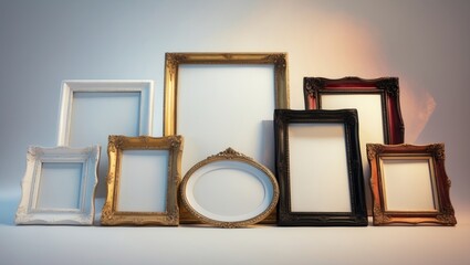 Poster - Various empty frames, different empty frames are displayed on the wall against a white background, vintage antique frames.
