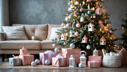 Aufkleber - Stylish Christmas minimalistic interior featuring an elegant sofa. Cozy home. Gifts and wrapped presents beneath the tree with lights and baubles in a bright living room.
