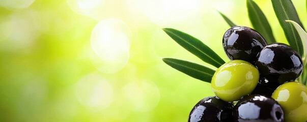 Poster - Fresh Olives Variety with Green Leaves close up against Soft Light Blurred Green Backgorund stock photo