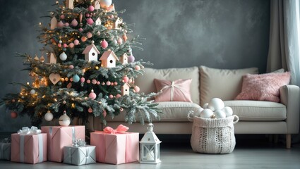 Aufkleber - Stylish Christmas minimalistic interior featuring an elegant sofa. Cozy home. Gifts and wrapped presents under the tree with lights and ornaments in a sunlit living room.