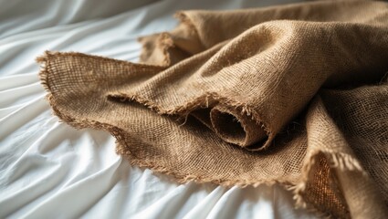 Poster - Brown burlap draped over a white sheet. Abstract backdrop. Texture of sackcloth. Background for wallpapers or banners.