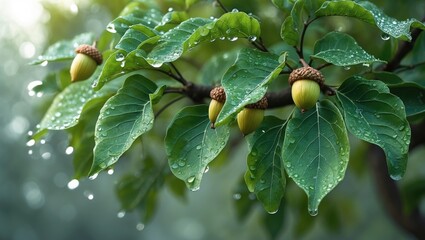 Poster - Branches of oak, young acorns and leaves on the branches, captured in close-up.