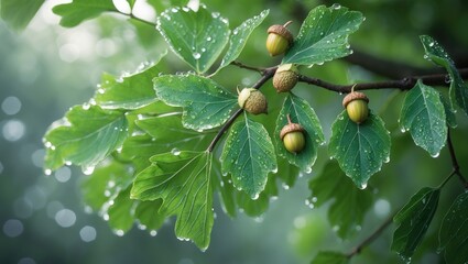 Poster - Branches of oak tree with leaves and young acorns captured in close-up.
