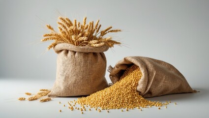 Poster - Burlap sacks containing pearl barley and spikelets isolated against a white background.
