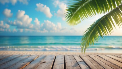 Poster - Empty wooden table with palm leaves and a blurred background of a beach party.