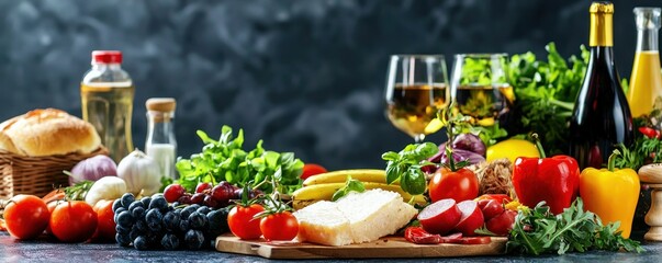 Poster - Rich presentation of italian cuisine arrangement showcasing various vegetables and cheese display in studio shot