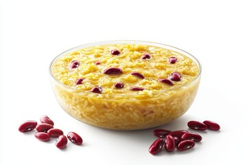 Poster - Appetizing red beans with creamy rice in a glass bowl on white background for culinary project