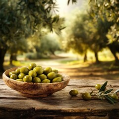 Aufkleber - Olives in rustic wooden bowl on weathered table in sunlit grove evoking mediterranean freshness