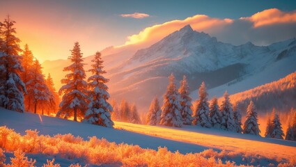 Poster - Fantastic orange winter landscape in snowy mountains illuminated by sunlight. Dramatic snowy scene with trees covered in snow. Christmas holiday theme.