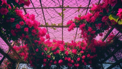 Poster - Bougainvillea vines flourish and drape over a wire mesh roof, merging the beauty of nature with architectural features.