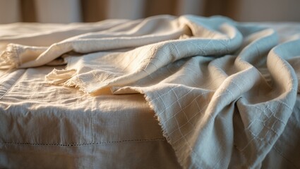 Poster - Elegant Linen Tablecloth with Subtle Geometric Designs in Gentle Natural Light.