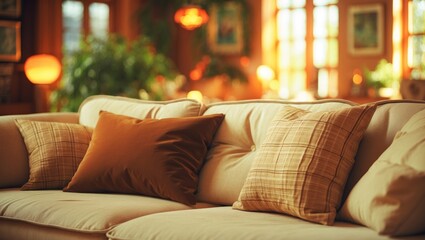 Poster - Comfortable, welcoming sofa draped in light fabric with stylish cushion arrangement in a bright, inviting living area filled with natural light.
