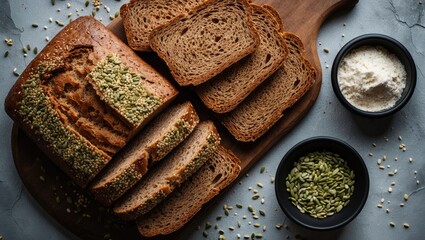 Aufkleber - Bran bread topped with various seeds on a wooden board, banner, menu, recipe space for text, overhead view