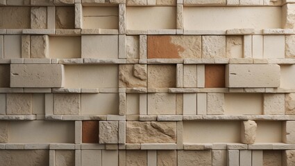 Fototapete - Empty backdrop of a wide cream brick wall texture. Beige old brown brick wall made of concrete or stone, abstract wallpaper resembling limestone flooring. Uneven grid of interior rock. Home decor d...