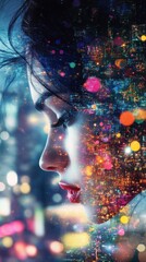 Aufkleber - Blurred city lights at night with dynamic bokeh effects, urban light patterns. Vertical