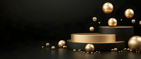Poster - 3D vector podium platform in gold color on a black background