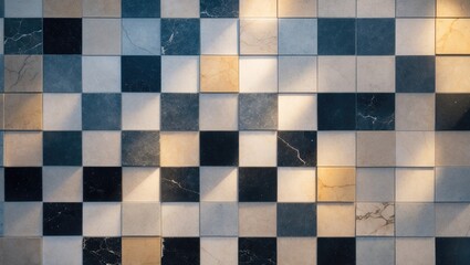 Poster - Vintage checkered marble flooring design featuring alternating textured tiles set in a traditional grid. The tiles exhibit subtle veining and natural variations.