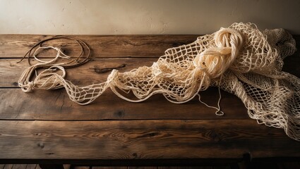 Fishing net placed on a brown wooden table