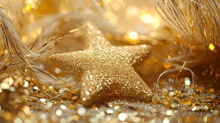 Poster - golden christmas star ornament shining on gold glitter and tinsel