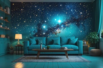 Wall Mural - Turquoise Night Sky with Shimmering Stars and Celestial Beauty