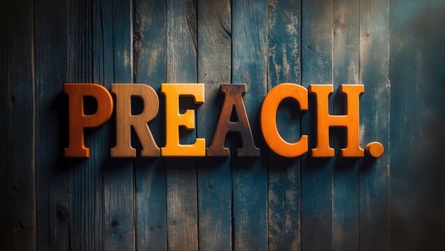 The term Preach theme and concept displayed in classic wooden letterpress on a distressed background.