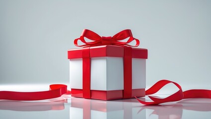 Aufkleber - Red gift box with ribbon bow set against a white background.