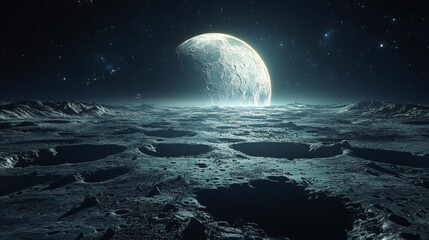 Wall Mural - Expansive Lunar Landscape with a Gliding Spacecraft Against the Starry Sky. Generative AI