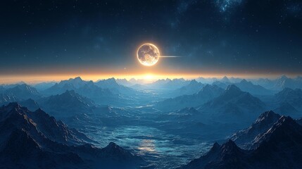 Wall Mural - Breathtaking Mountain View Under a Stunning Moonlit Sky with Glowing Spacecraft. Generative AI