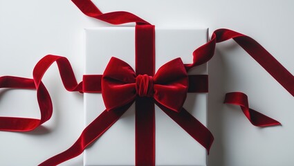 Poster - Red velvet bow and ribbon set apart on white. Decorative element for gift boxes, design aspect. Wrap embellishment.
