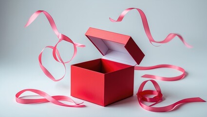 Poster - Open red gift box with pink ribbon, isolated on a white background.