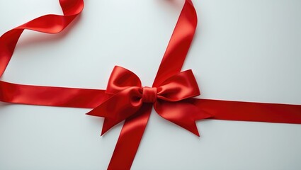 Poster - Red satin ribbon with bow on a white backdrop, viewed from above.