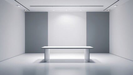  - White stage background, vacant blank stage table with spotlight, space for products, cosmetics, and design, white wall background and gray gradient backdrop with unoccupied white floor.