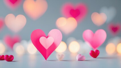 Poster - Valentine background mockup featuring heart-shaped light bokeh on a seamless backdrop. Suitable for digital product mockup placement or as a text background.