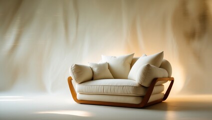 Poster - Defocused background of cozy modern chair featuring plush cushions and wooden frame for contemporary interior design environments.