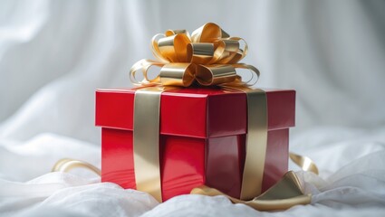 Poster - Red gift box adorned with a golden ribbon and bow