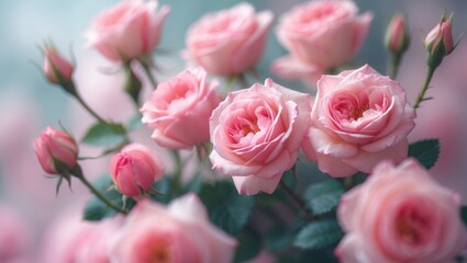 Poster - Delicate pink rose blossoms in soft blurred focus. Toned pastel backdrop for card.
