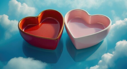 Poster - Red and pink heart-shaped bowls on a blue backdrop. Aerial view.