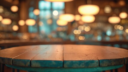 Poster - Empty wooden table surface with blurred interior backdrop, panoramic banner. Abstract background suitable for displaying or showcasing your products.