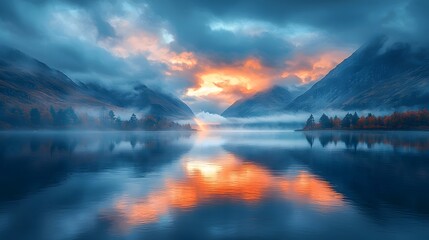 Wall Mural - dramatic mountainous landscape mirrored in tranquil lake at sunset