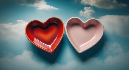 Poster - Heart-shaped bowls in red and pink on a blue background. Aerial view.