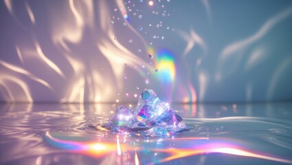 Poster - Blurred Prism Light Overlay Flare Background. Dreamy surreal rainbow crystal light refraction texture overlay. Organic drop holographic flare projected on a surface. Water reflections for natural l...