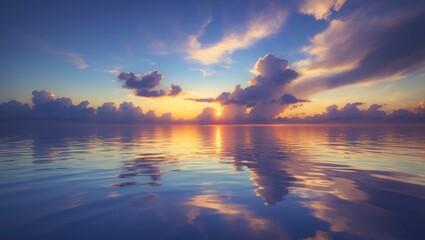 Poster - Defocused stunning dramatic golden sky above the ocean with reflections during sunset.