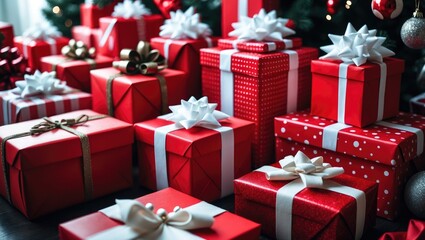Poster - Many red gift boxes adorned with white bows are arranged to enhance various celebrations.