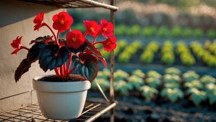 Fototapete - Blooming Red Wax Begonia in a Pot on a Flower Shelf